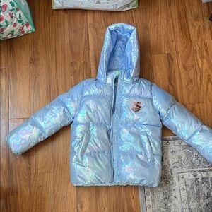 H&M Iridescent Light Blue Puffer Jacket with Heart Patch